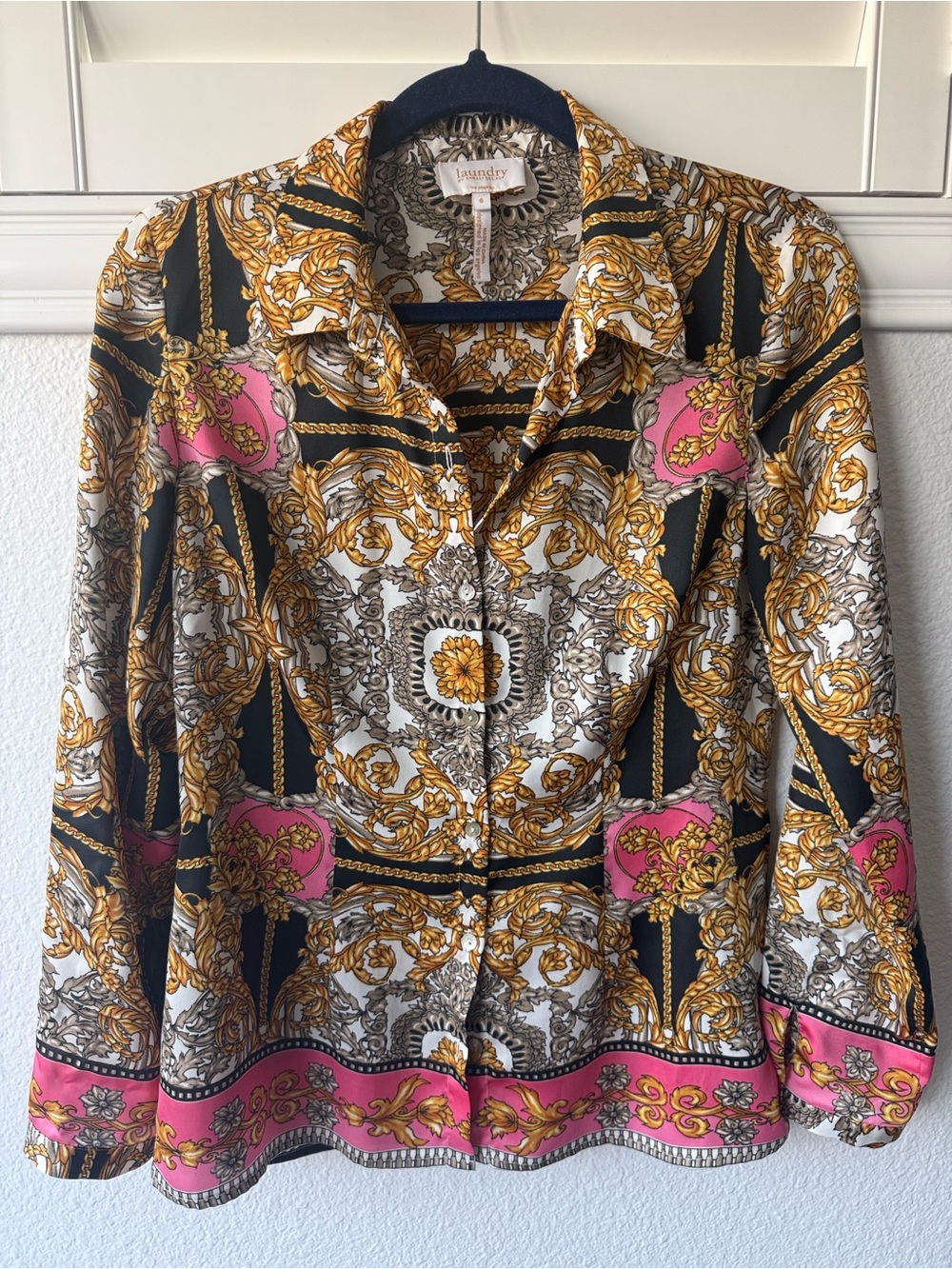 Laundry By Shelli Segal Black, Gold & Pink Baroque Button-Down Shirt